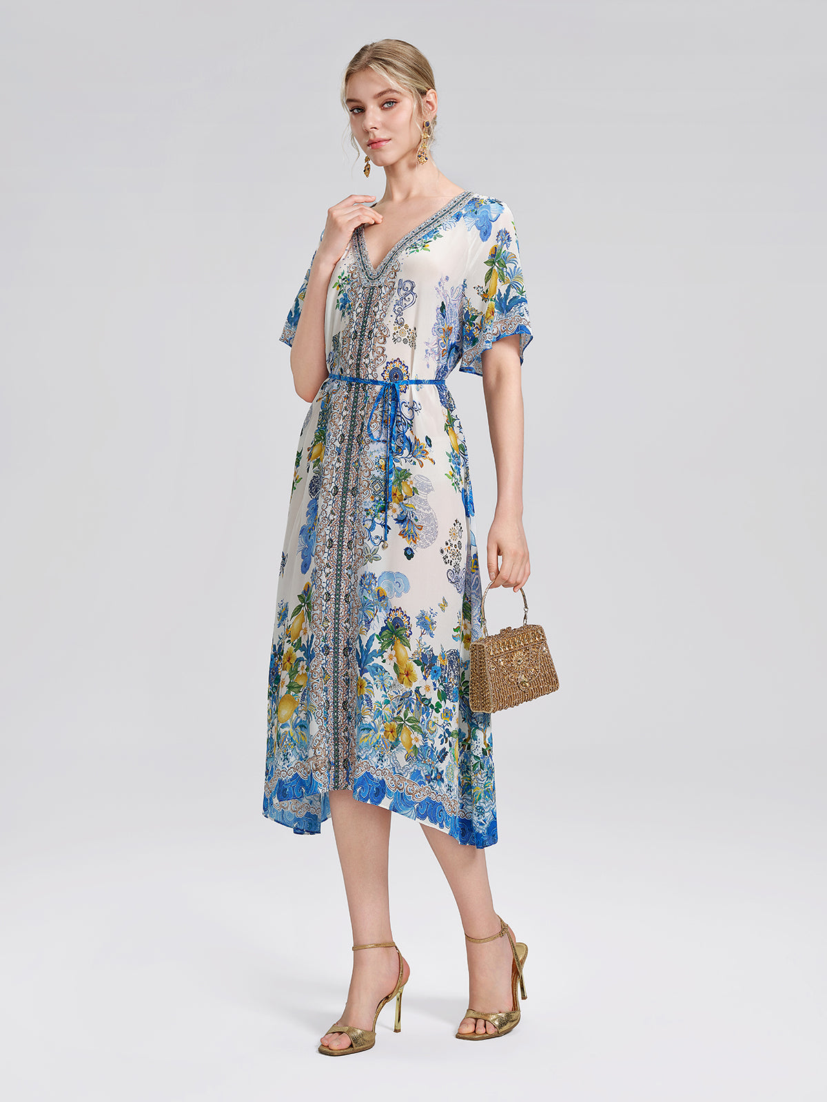 100% Silk Allover Print Rhinestone Dress (Waist Tie Included)