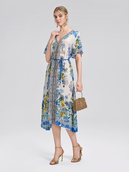 100% Silk Allover Print Rhinestone Dress (Waist Tie Included)