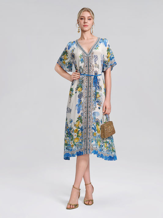 100% Silk Allover Print Rhinestone Dress (Waist Tie Included)