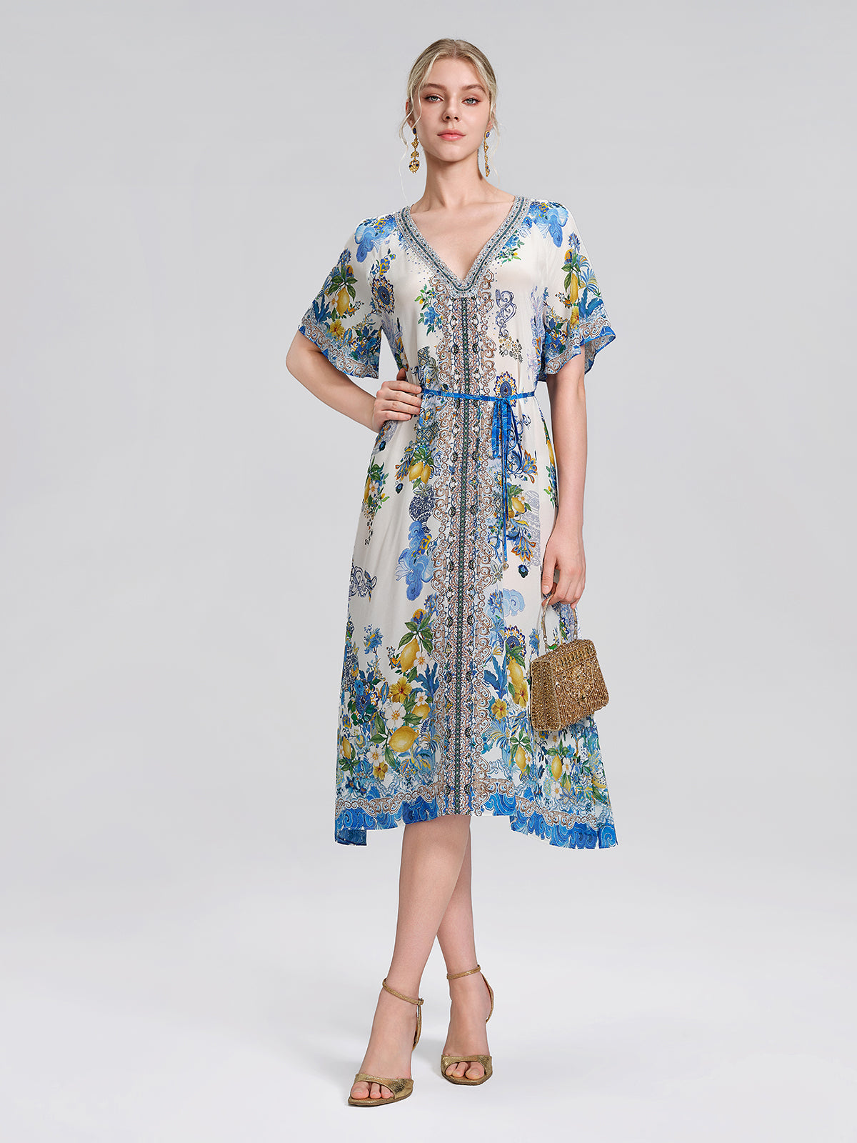 100% Silk Allover Print Rhinestone Dress (Waist Tie Included)