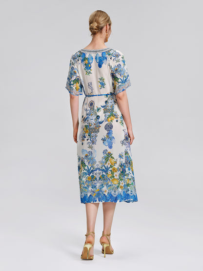 100% Silk Allover Print Rhinestone Dress (Waist Tie Included)