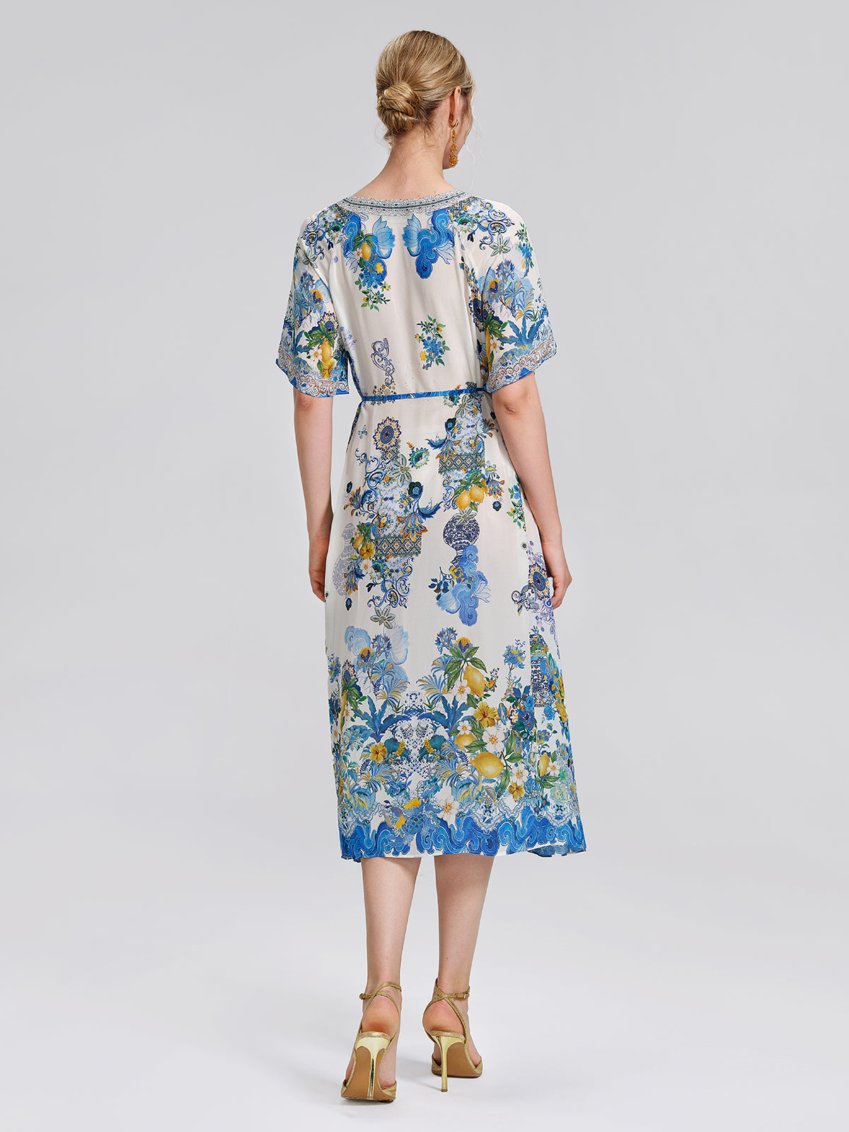 100% Silk Allover Print Rhinestone Dress (Waist Tie Included)