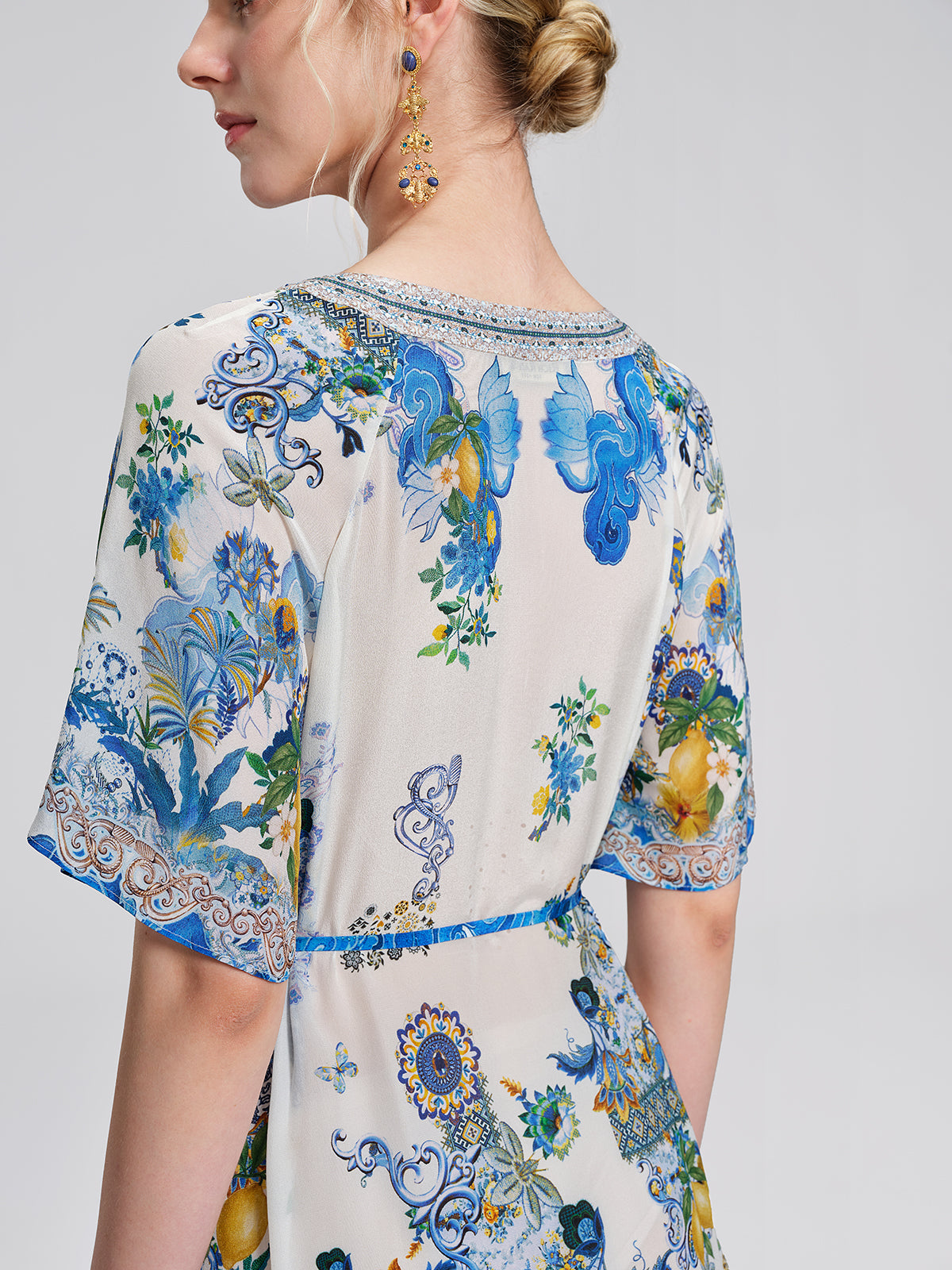 100% Silk Allover Print Rhinestone Dress (Waist Tie Included)