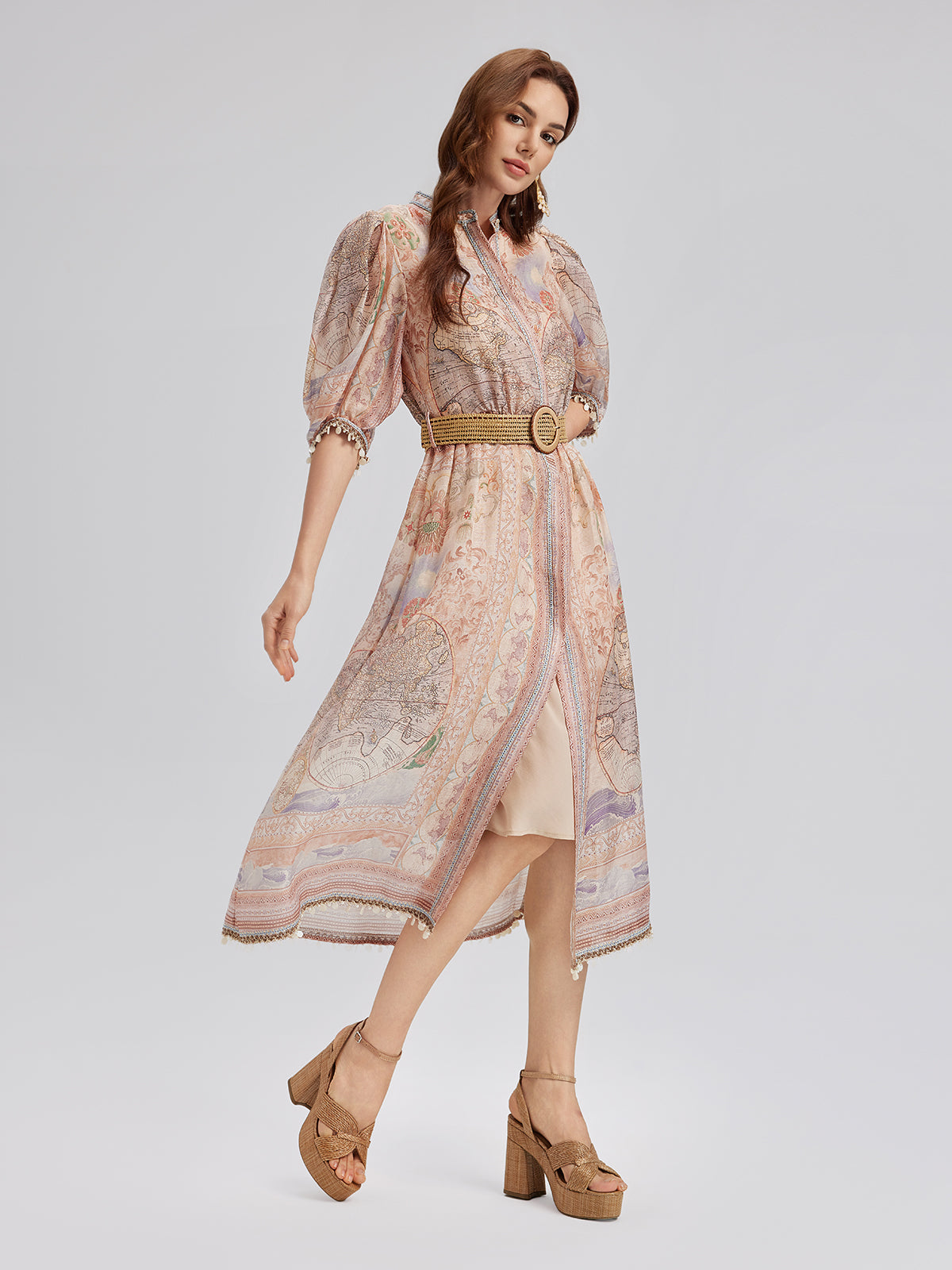Linen Map Print Breathable Baroque Dress