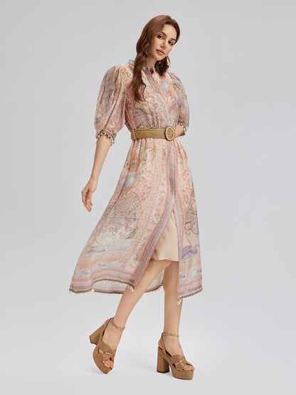 Linen Map Print Breathable Baroque Dress