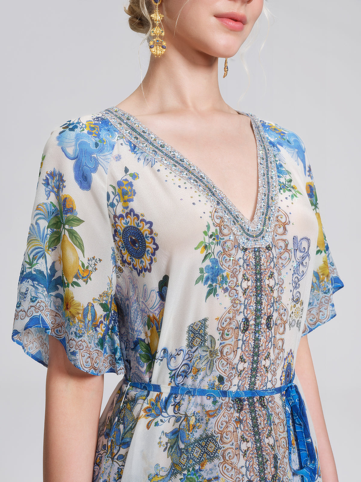 100% Silk Allover Print Rhinestone Dress (Waist Tie Included)