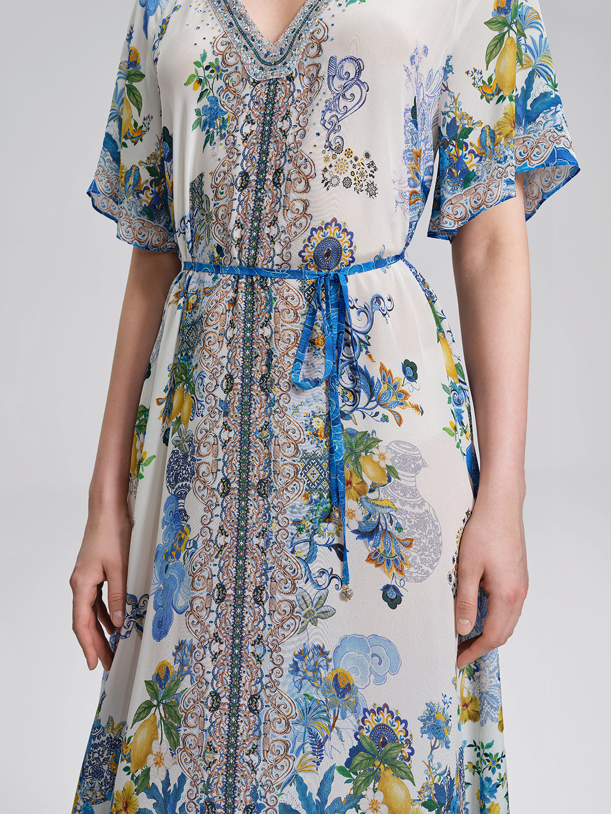 100% Silk Allover Print Rhinestone Dress (Waist Tie Included)