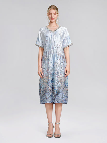Satin Gradient Print Rhinestone Straight Dress