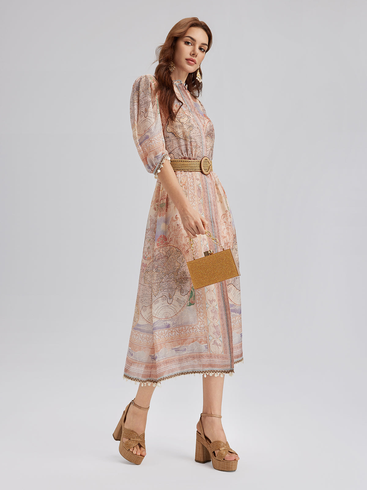 Linen Map Print Breathable Baroque Dress