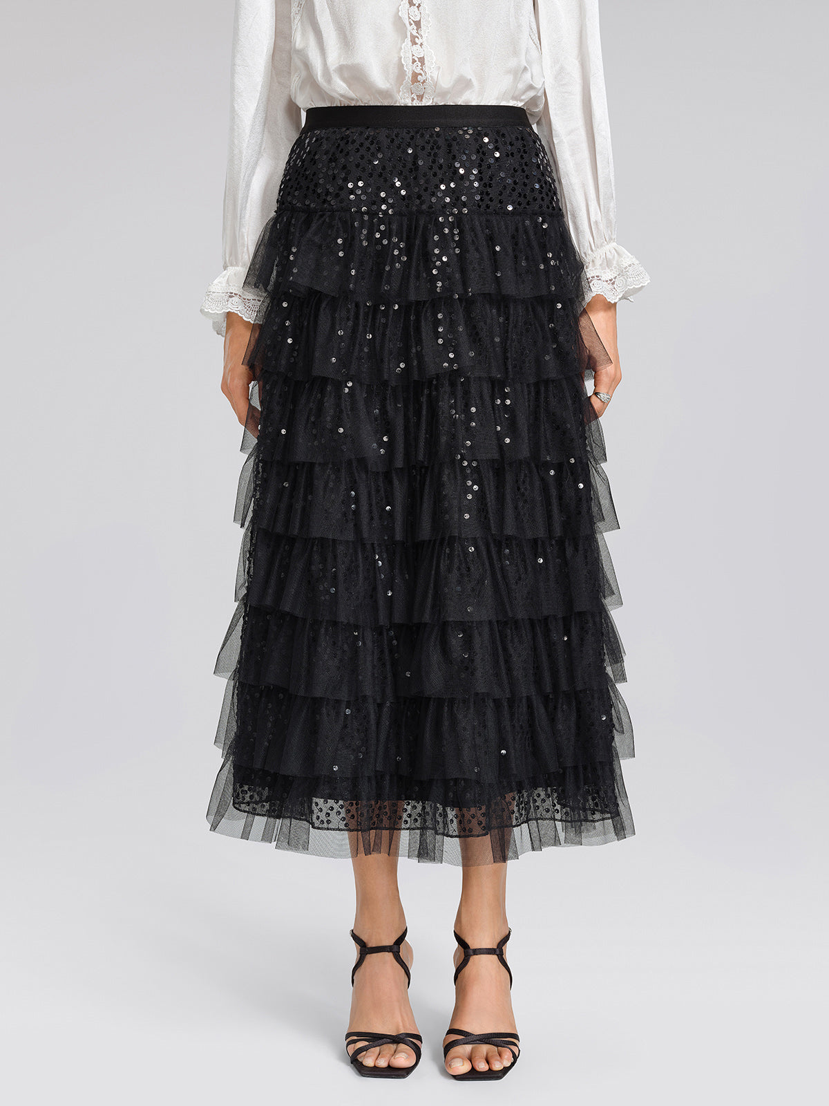 Sequin Mesh Tiered Skirt