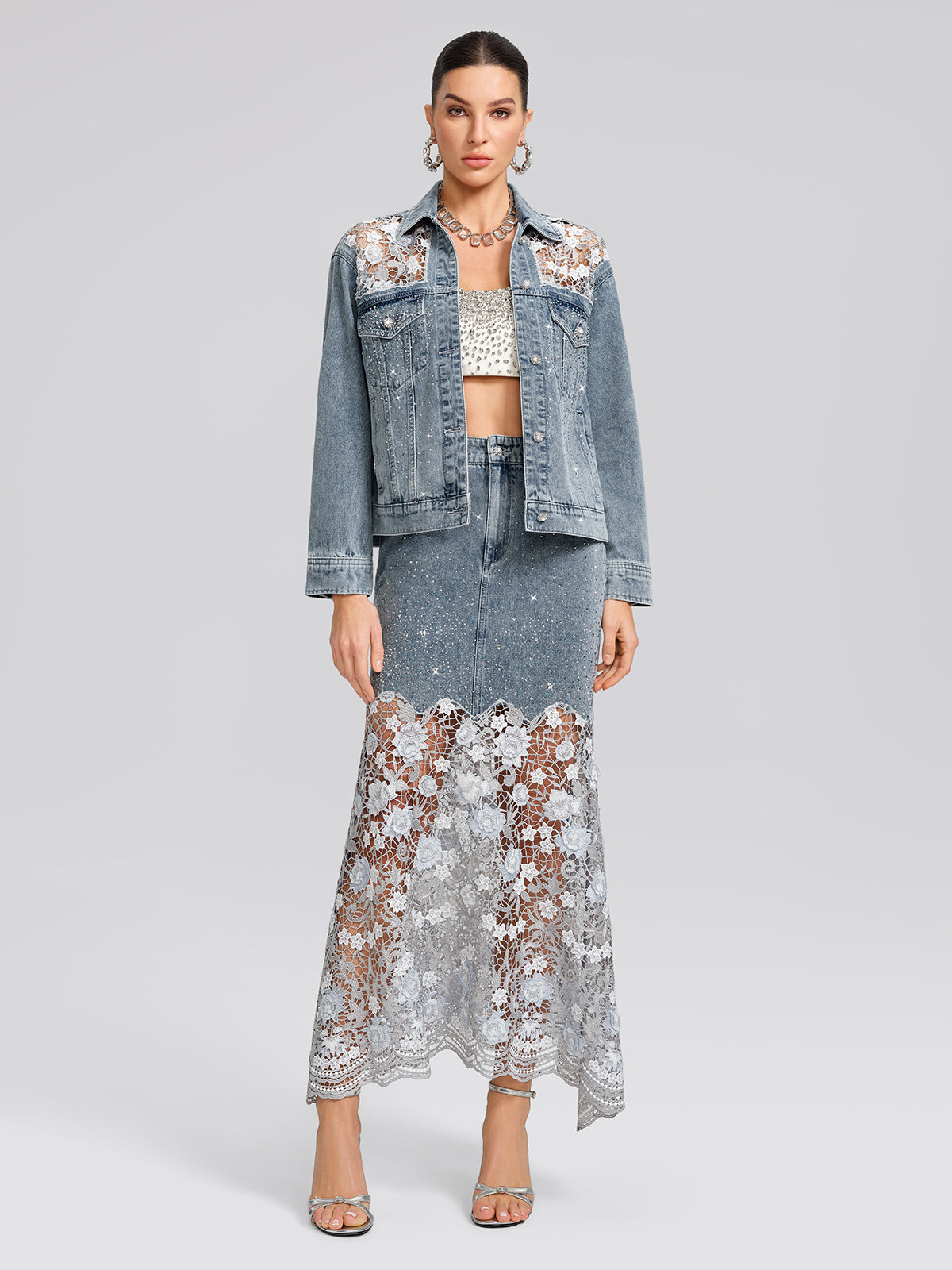 Rhinestone Lace-Panel Denim Jacket