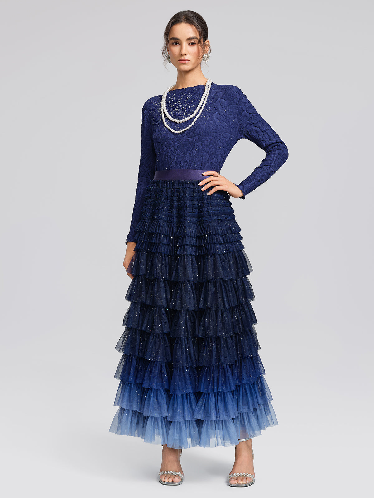 Pleated Floral Embossed Rhinestone Blouse