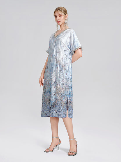 Satin Gradient Print Rhinestone Straight Dress