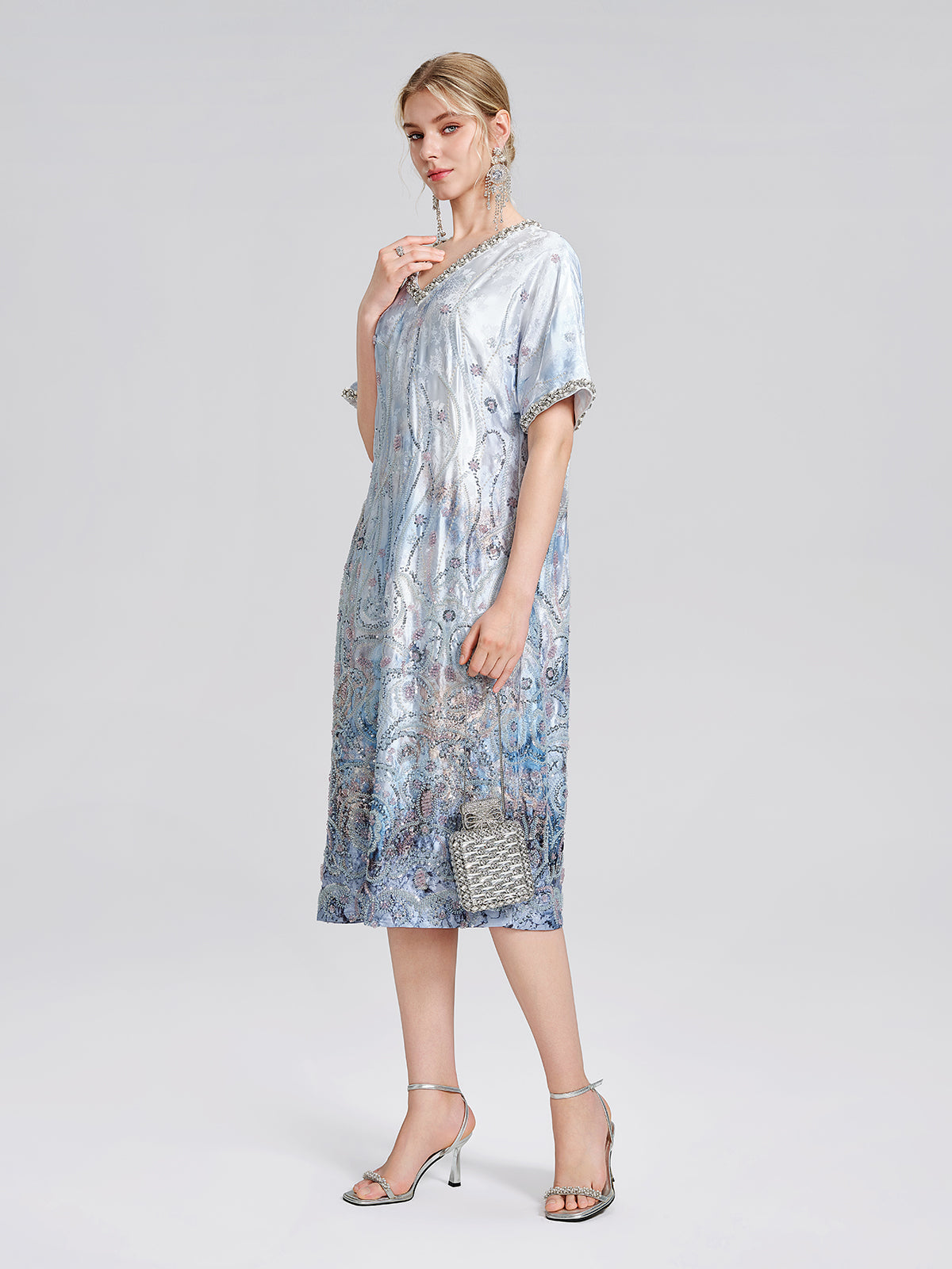 Satin Gradient Print Rhinestone Straight Dress