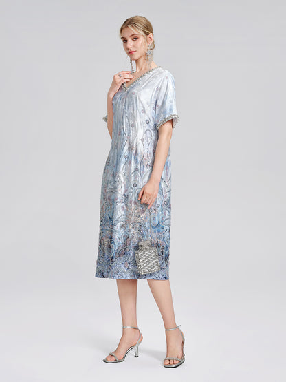 Satin Gradient Print Rhinestone Straight Dress