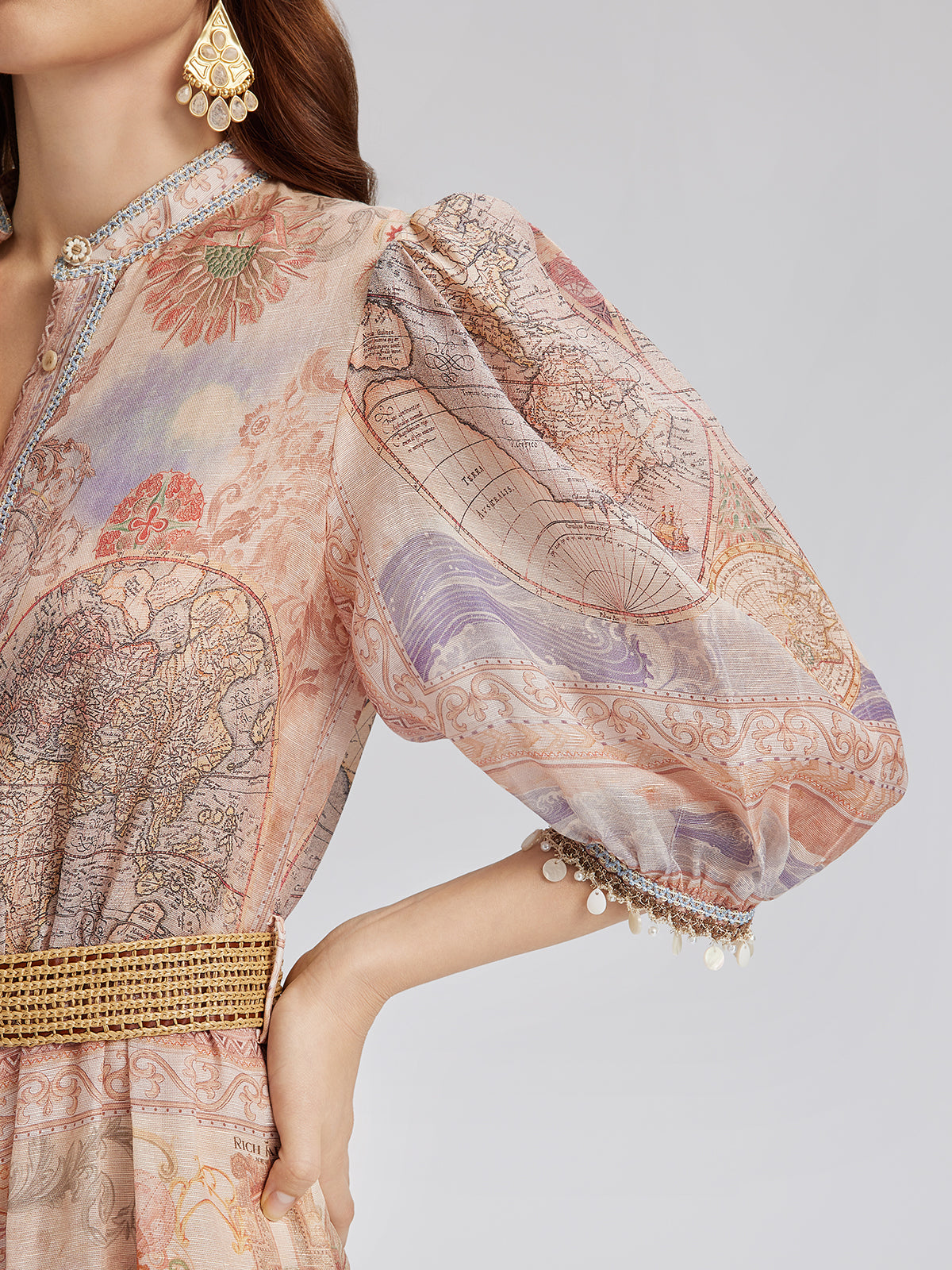 Linen Map Print Breathable Baroque Dress