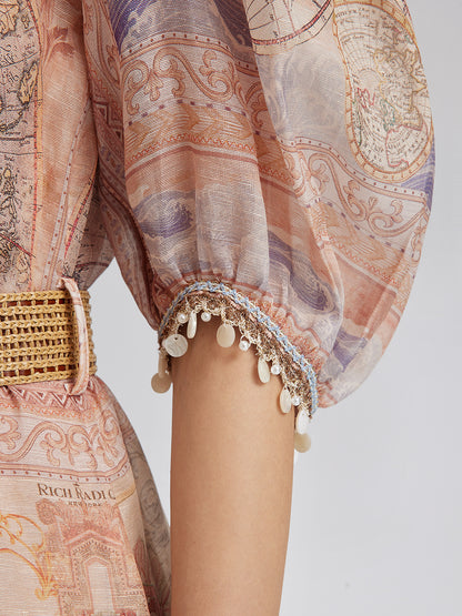 Linen Map Print Breathable Baroque Dress
