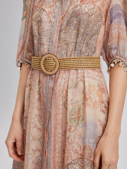Linen Map Print Breathable Baroque Dress