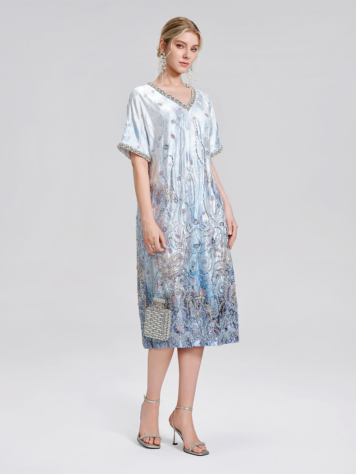 Satin Gradient Print Rhinestone Straight Dress