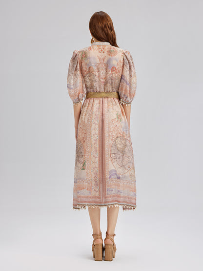 Linen Map Print Breathable Baroque Dress