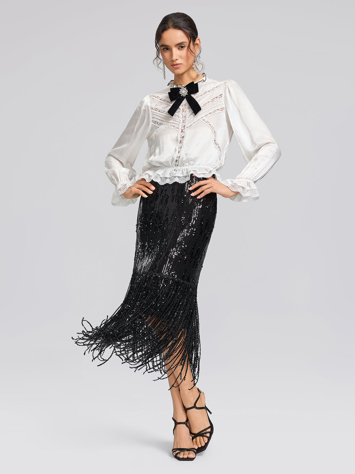 Pearl Satin Lace Panel Bow Shirt