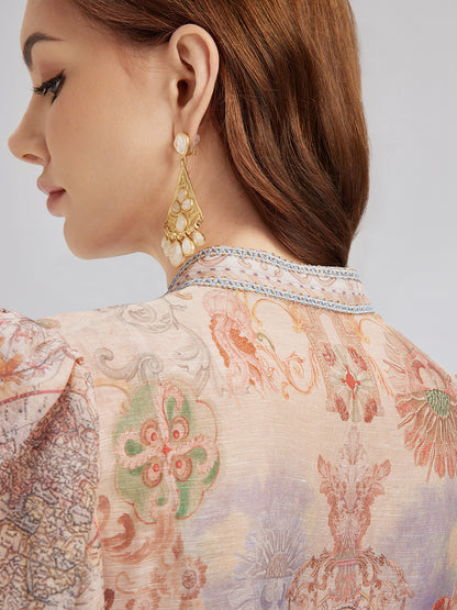 Linen Map Print Breathable Baroque Dress