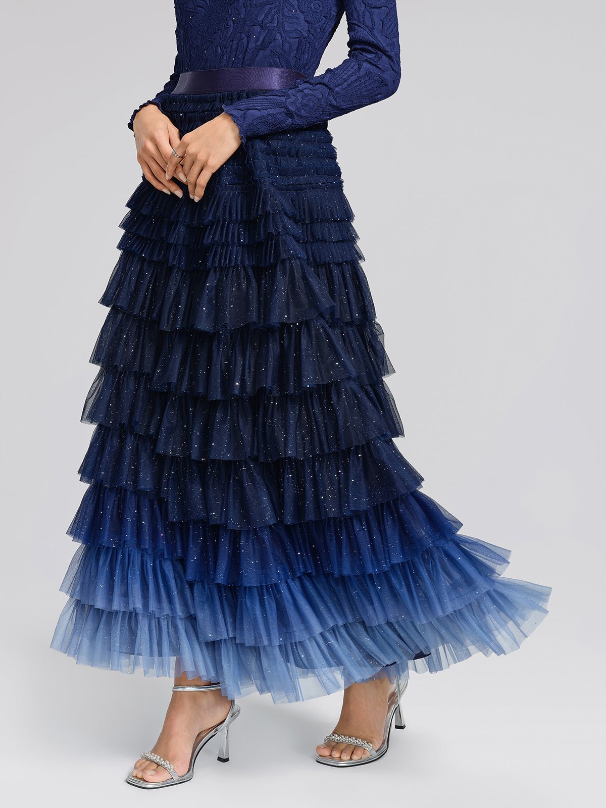 Sequin Mesh Pleated Gradient Skirt