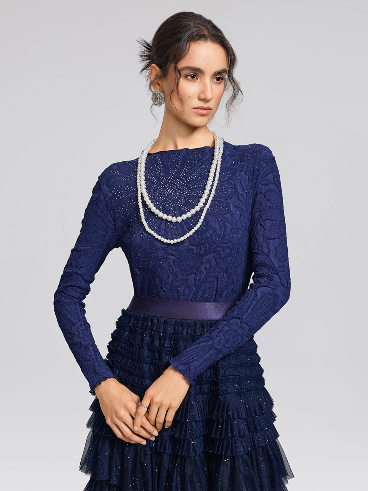 Pleated Floral Embossed Rhinestone Blouse
