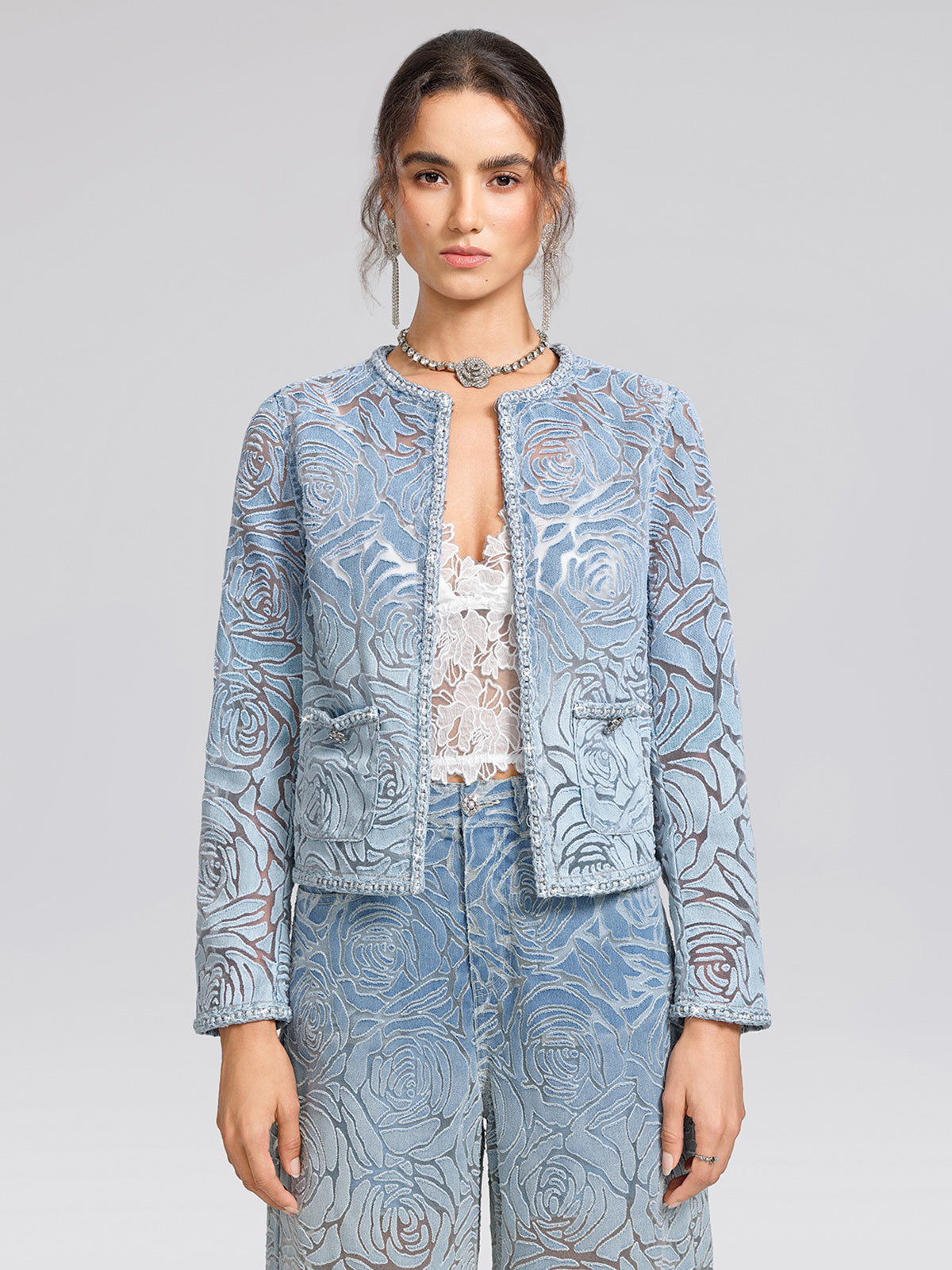 Denim Burnout 3D Rose Trim Jacket