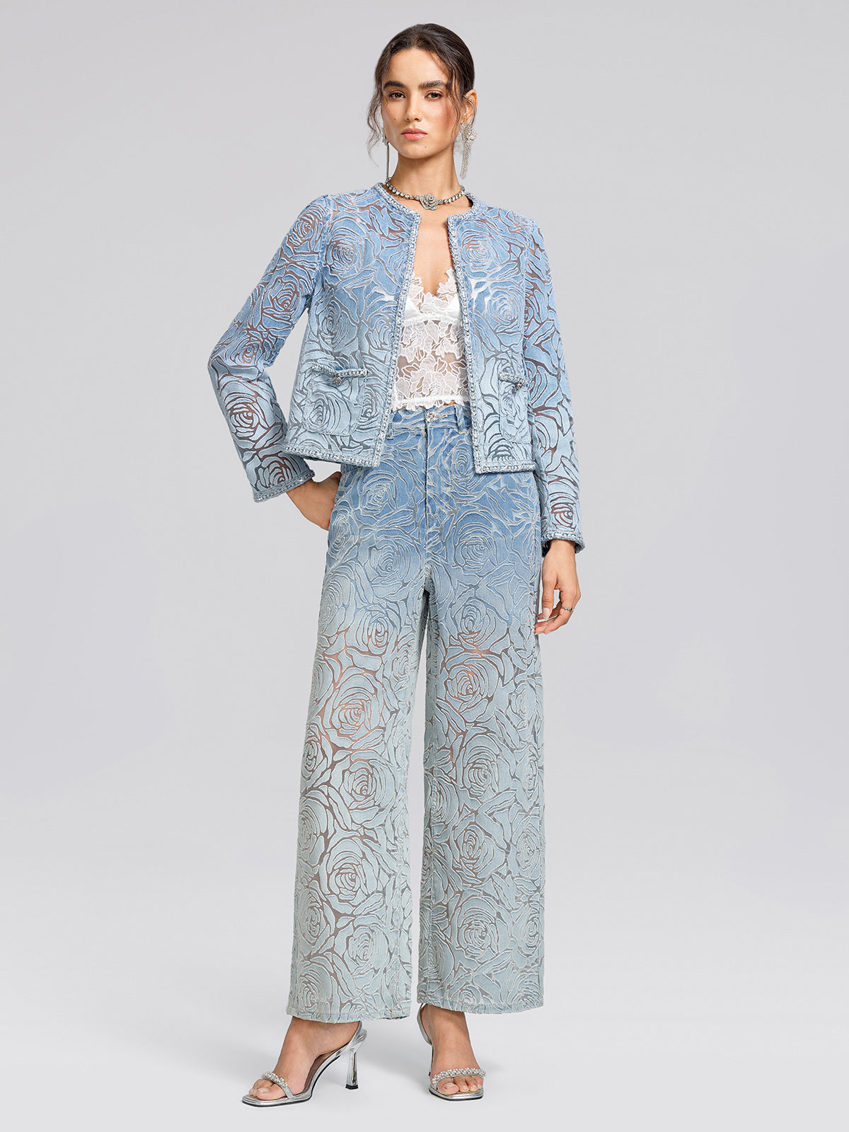 Denim Burnout 3D Rose Trim Jacket