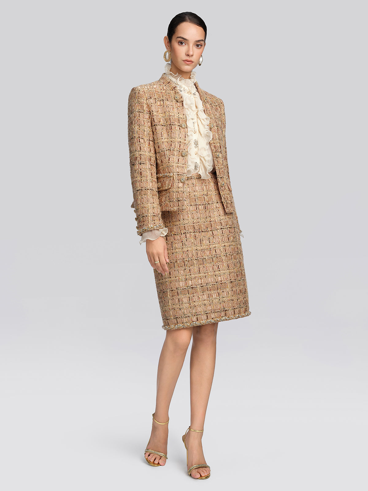 Textured Tweed Lace Trim Button Jacket