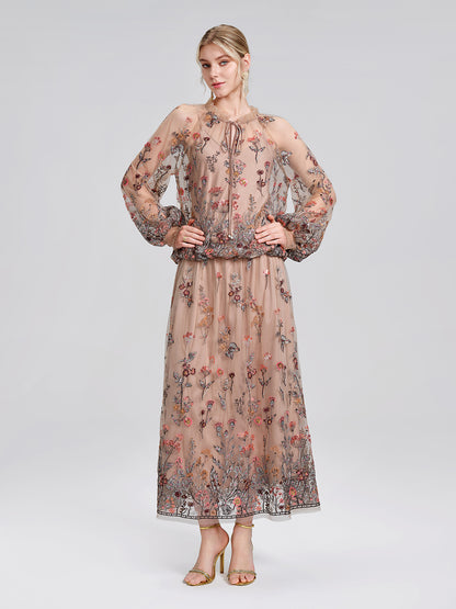 Mesh Embroidered Ruffle Tie-Neck Blouse