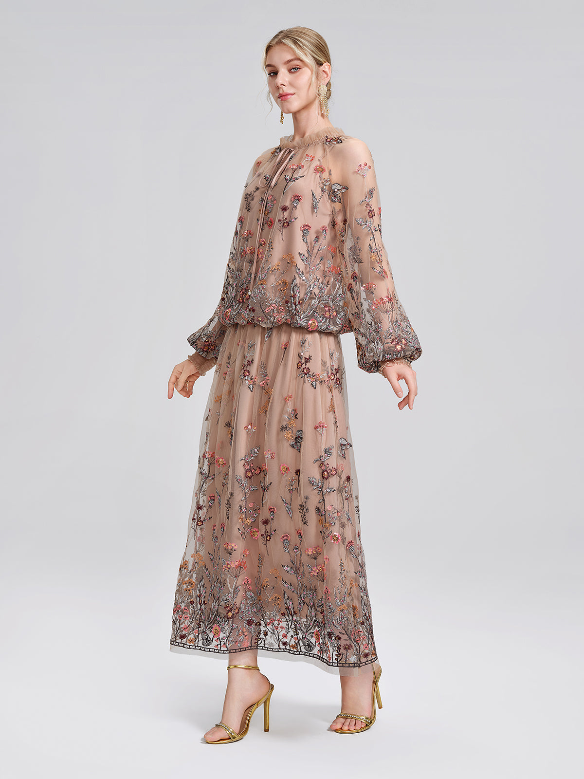 Mesh Embroidered Ruffle Tie-Neck Blouse