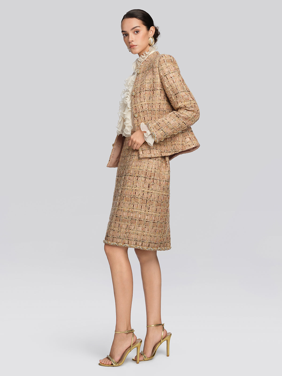 Textured Tweed Plaid Lace Trim Skirt