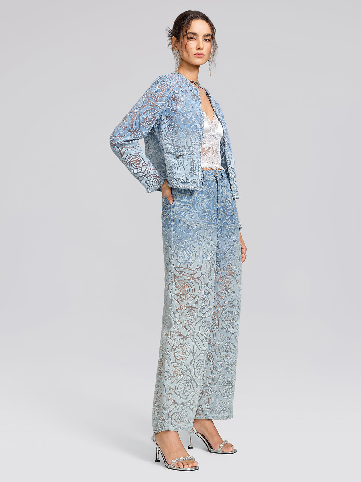 Denim Burnout 3D Rose Trim Jacket