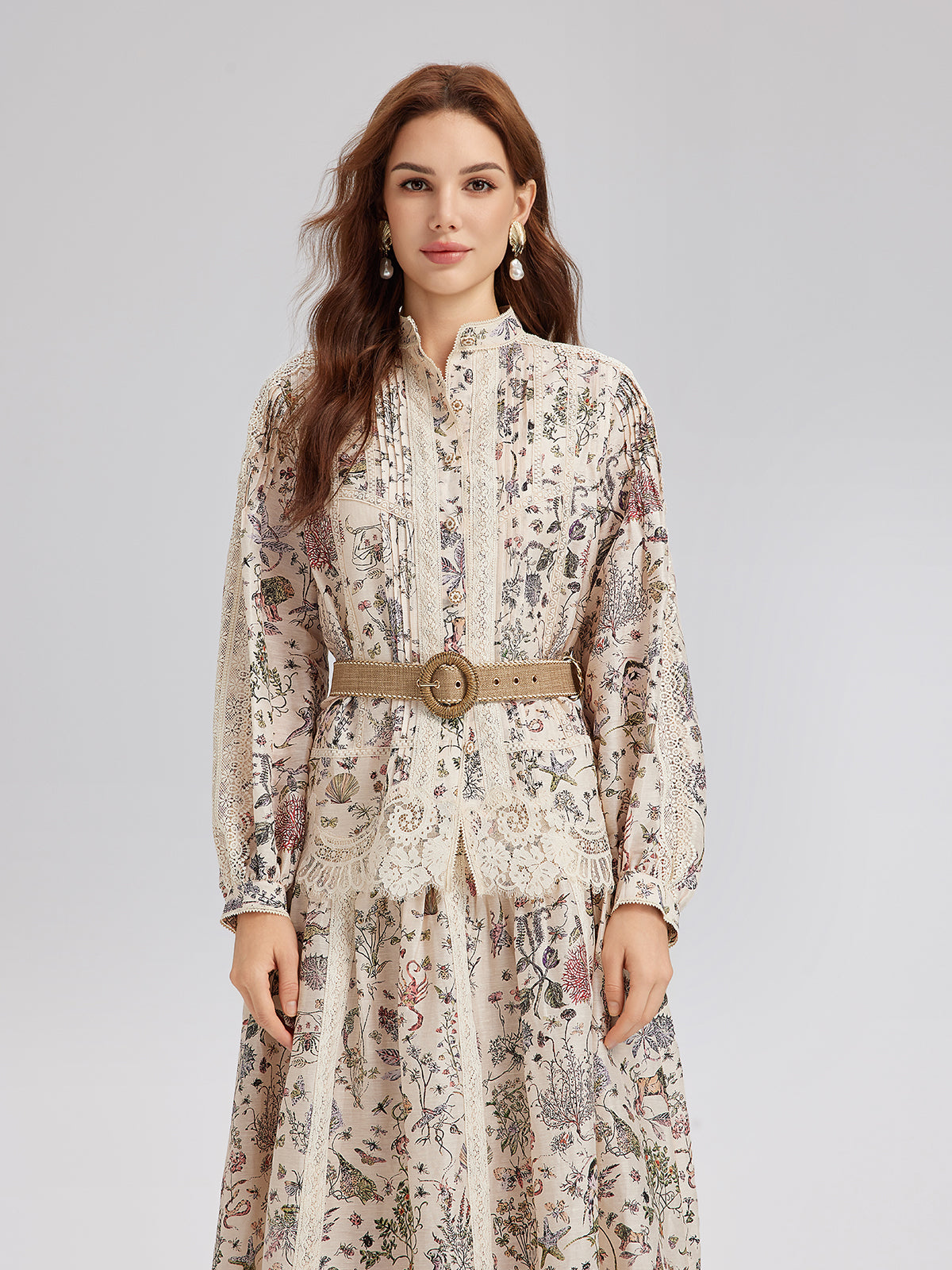 Silk-Linen Floral Lace Stand-Collar Shirt