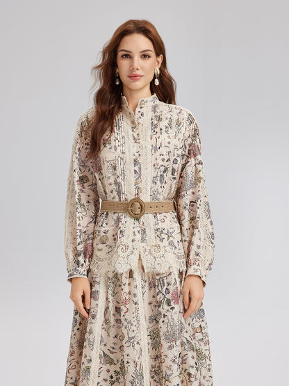 Silk-Linen Floral Lace Stand-Collar Shirt