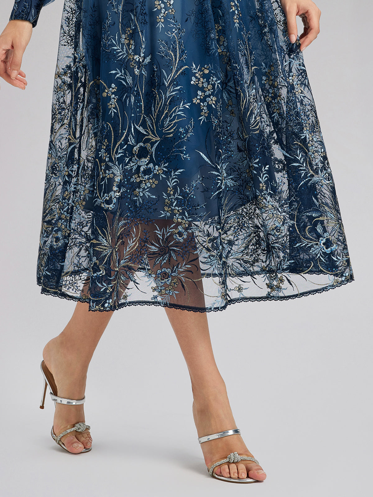 Vine Silver-Thread Embroidered Beaded Lace Dress (Belt Included)