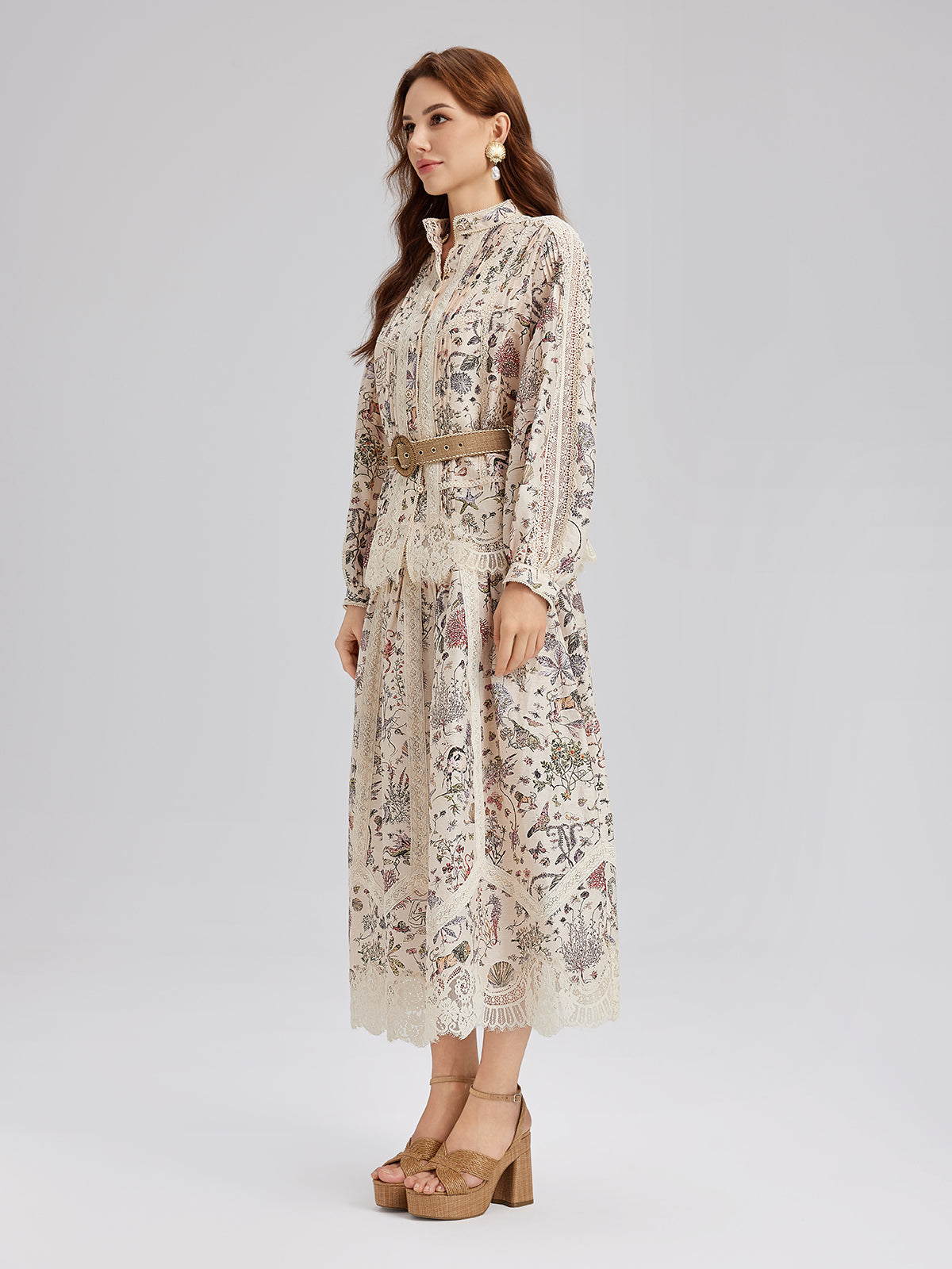 Silk-Linen Floral Lace Stand-Collar Shirt