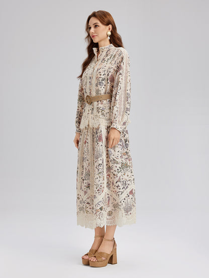 Silk-Linen Floral Lace Stand-Collar Shirt