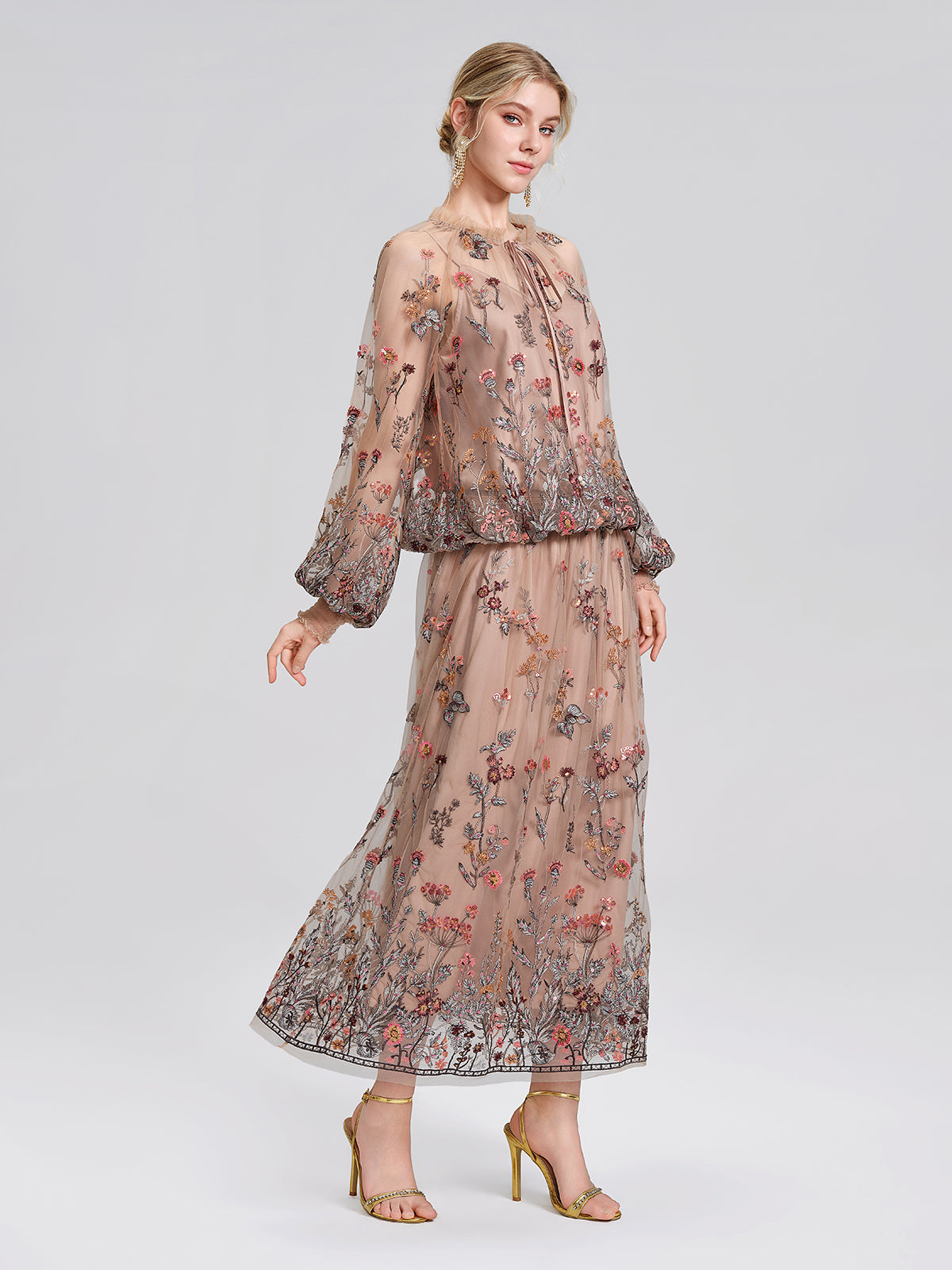 Mesh Embroidered Ruffle Tie-Neck Blouse