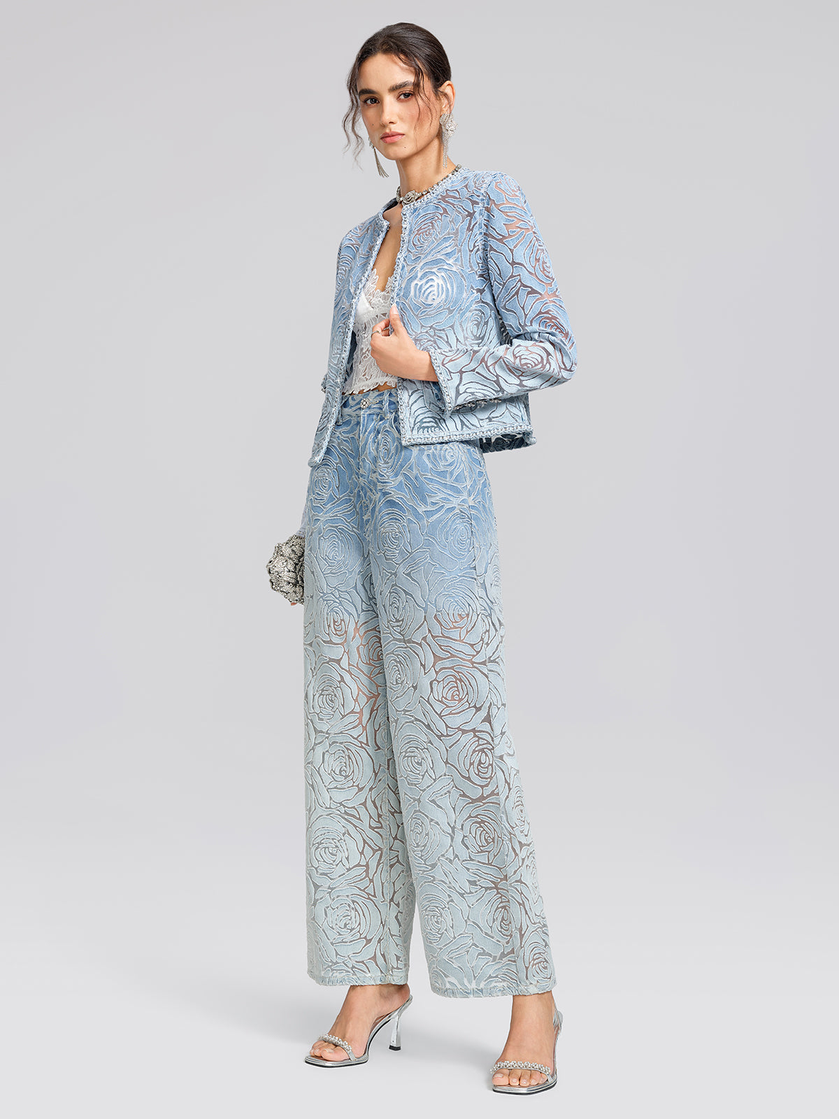 Denim Burnout 3D Rose Trim Jacket