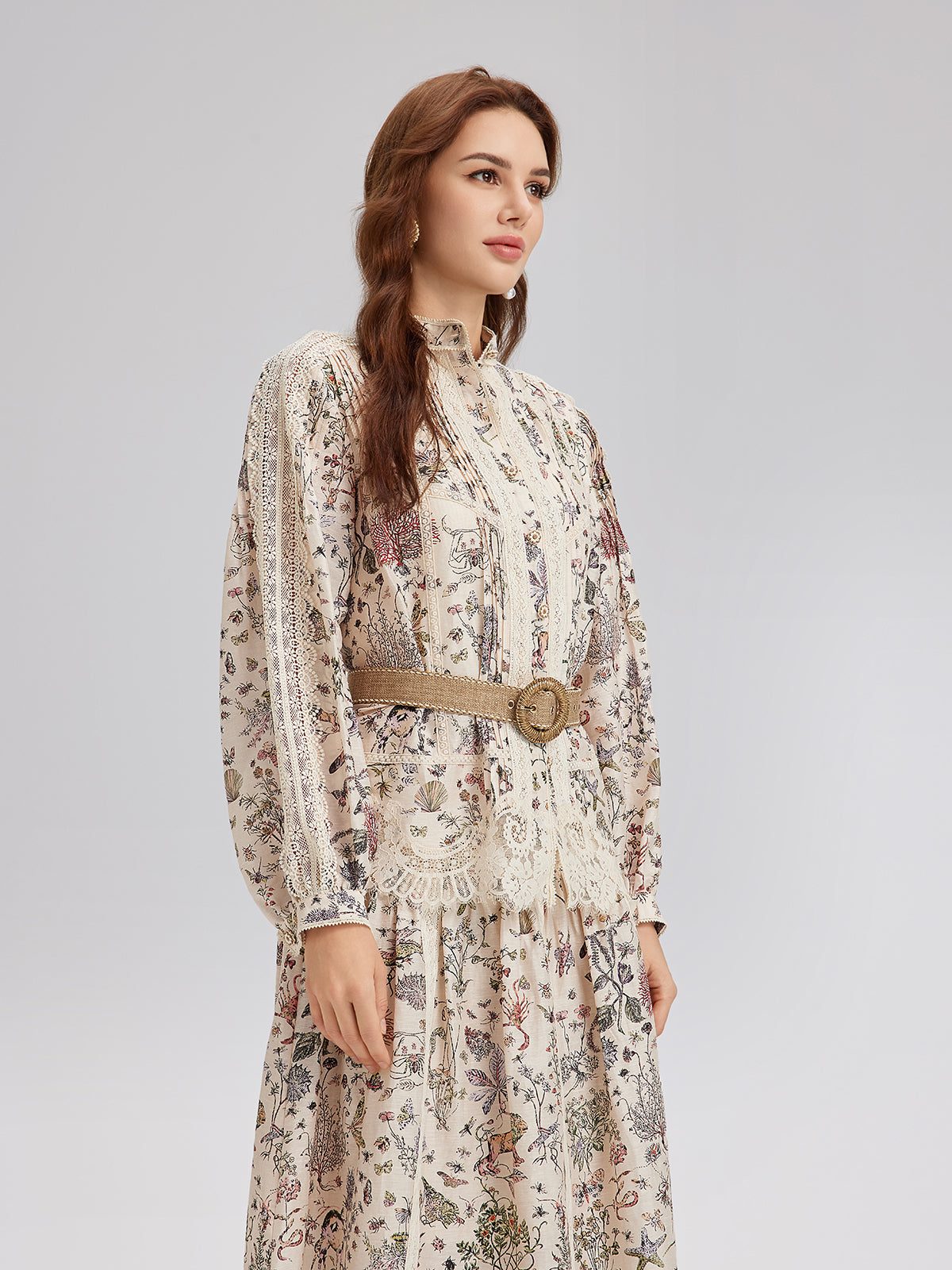 Silk-Linen Floral Lace Stand-Collar Shirt