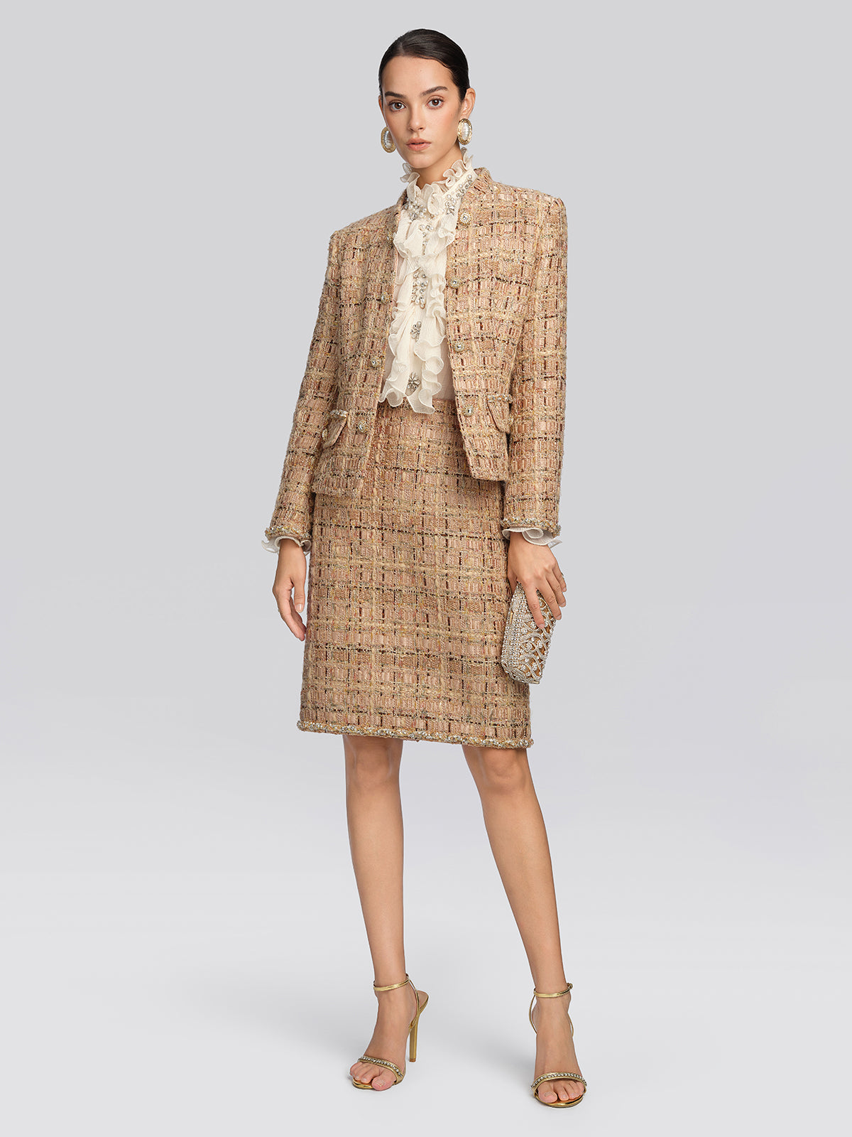 Textured Tweed Plaid Lace Trim Skirt
