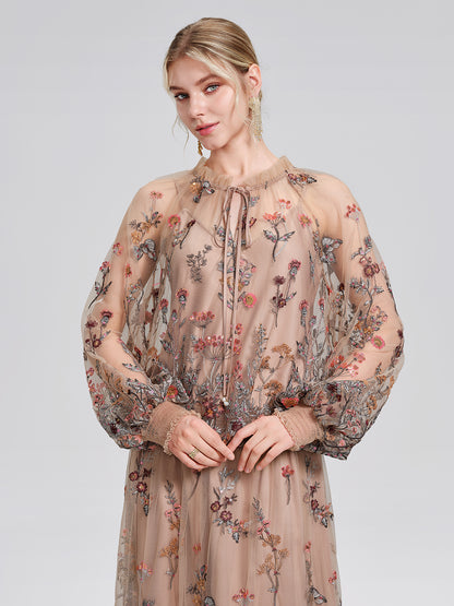 Mesh Embroidered Ruffle Tie-Neck Blouse