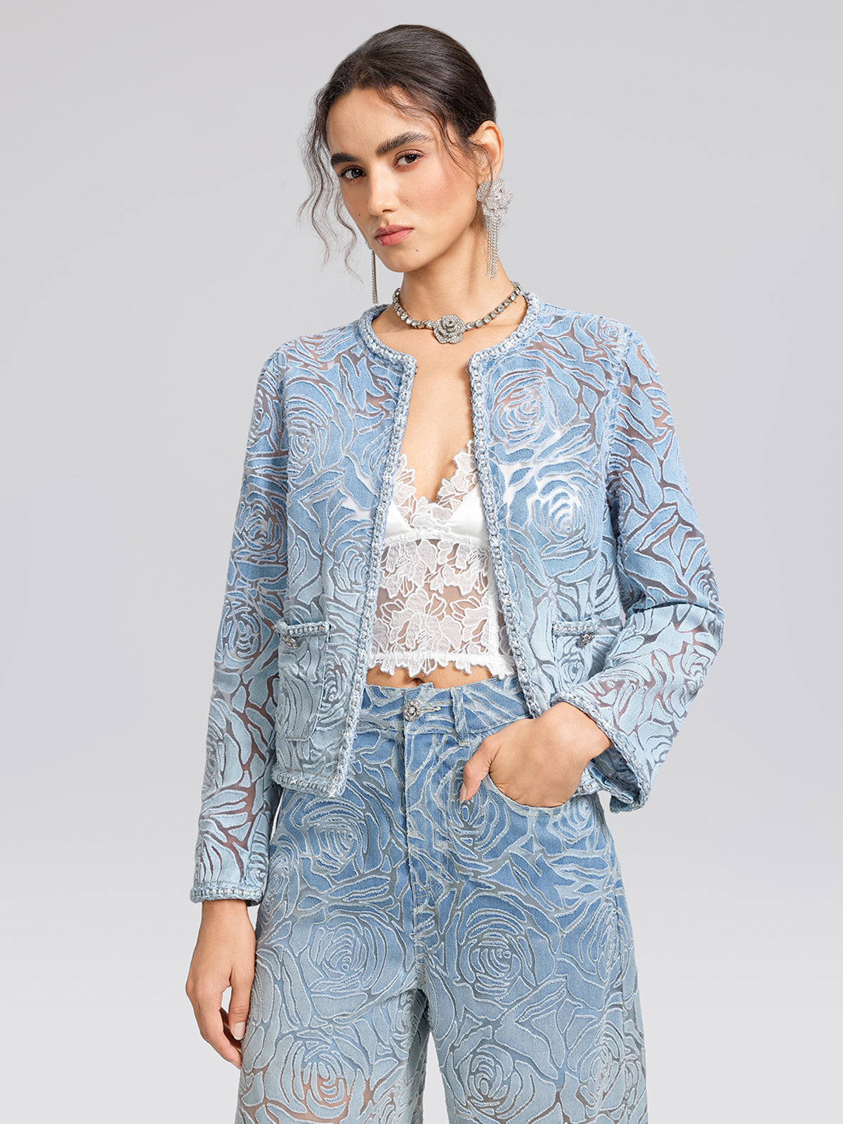 Denim Burnout 3D Rose Trim Jacket
