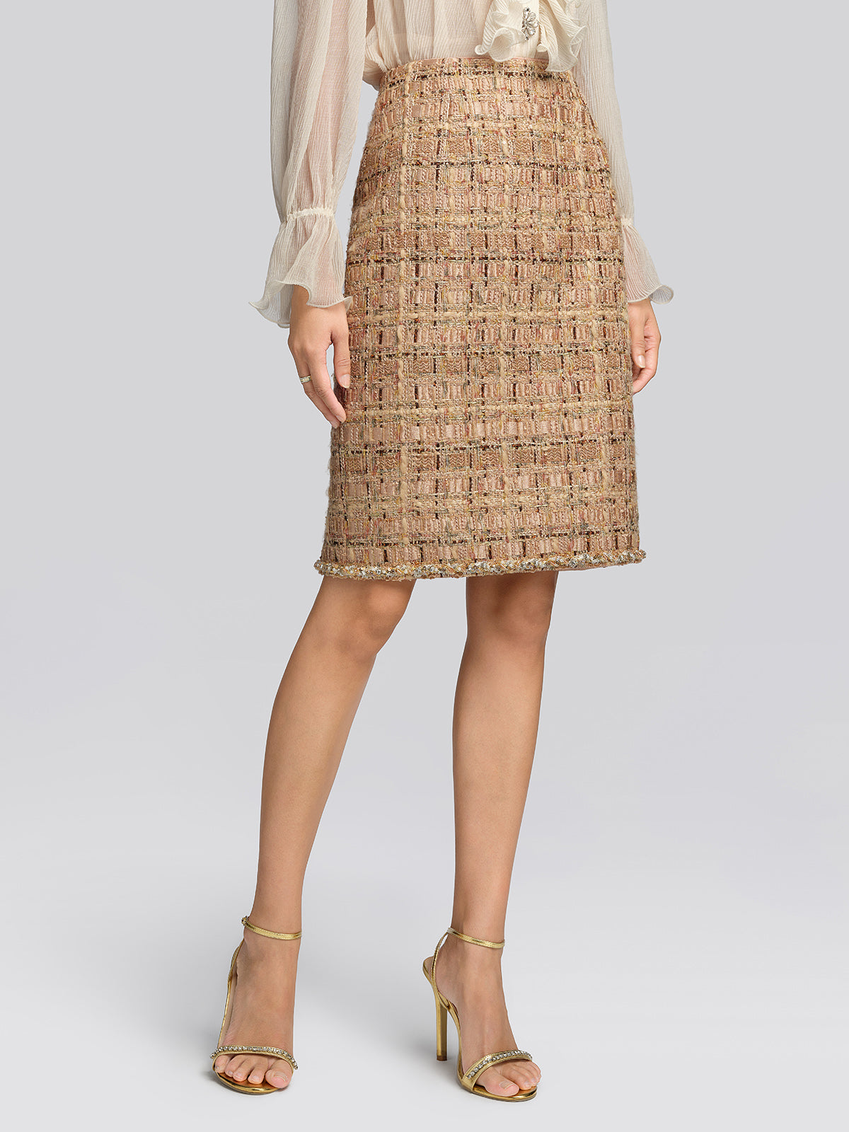 Textured Tweed Plaid Lace Trim Skirt