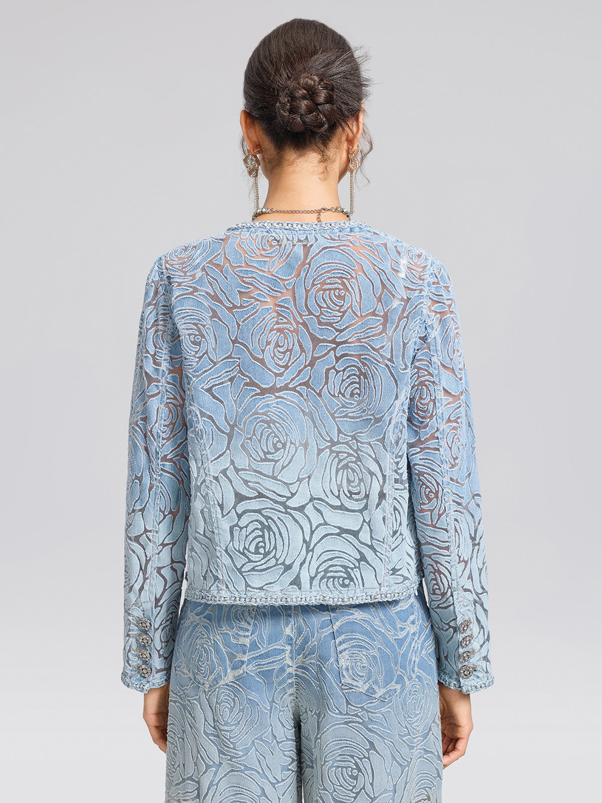 Denim Burnout 3D Rose Trim Jacket