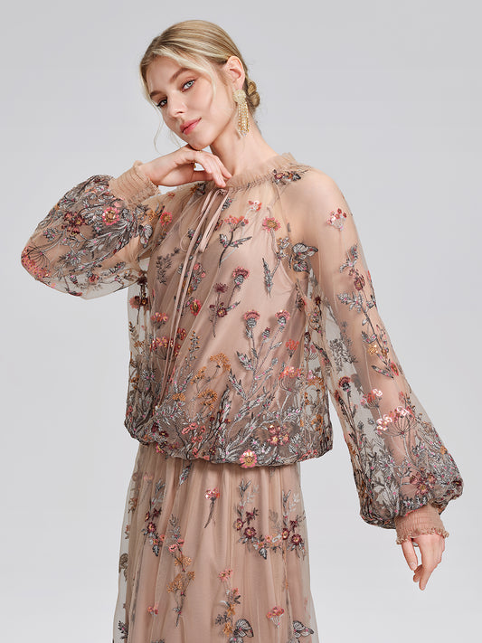 Mesh Embroidered Ruffle Tie-Neck Blouse (Camisole Included)