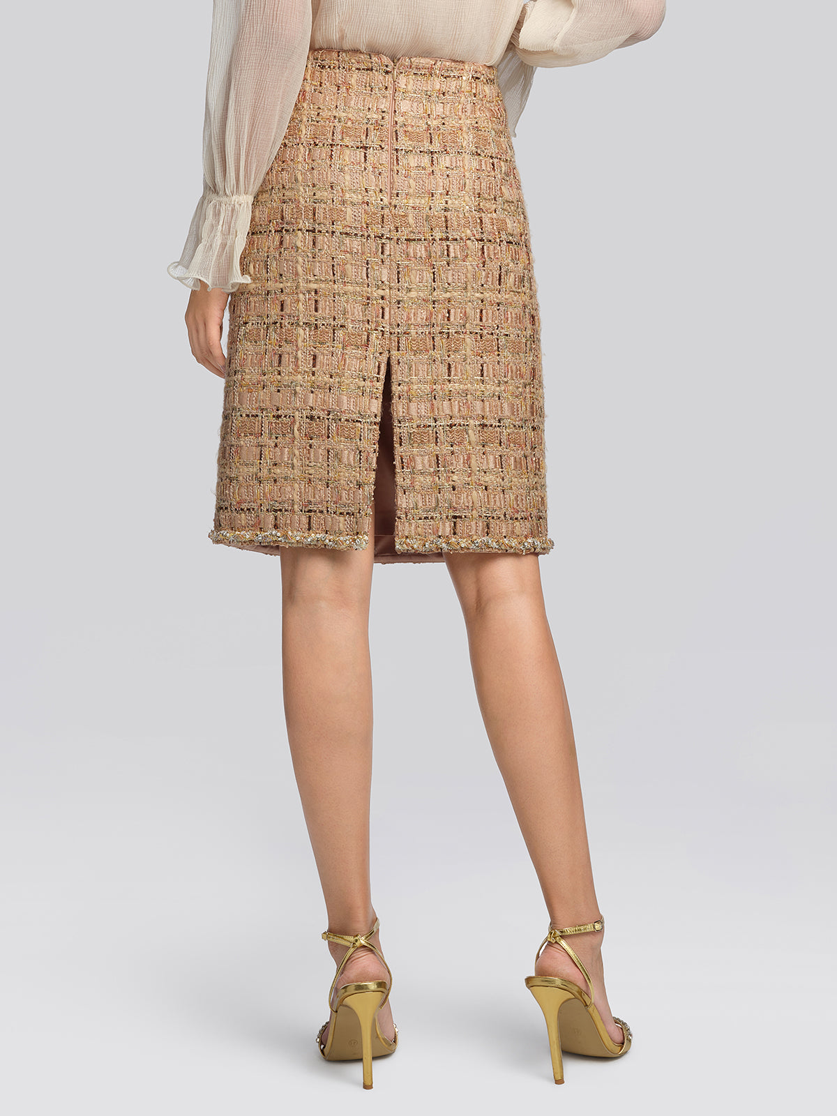 Textured Tweed Plaid Lace Trim Skirt